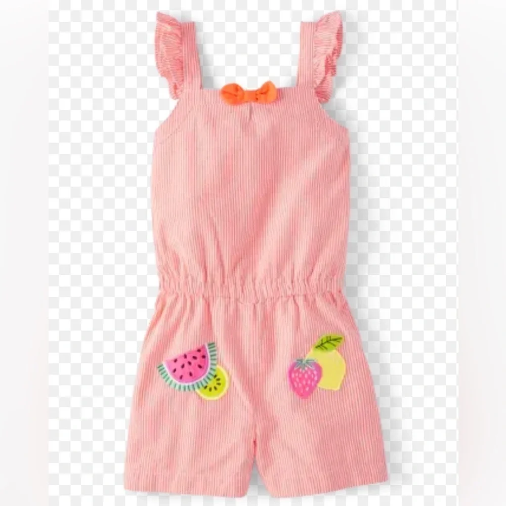 Girls Applique Fruit Seersucker Romper - Festive Fruit 12
